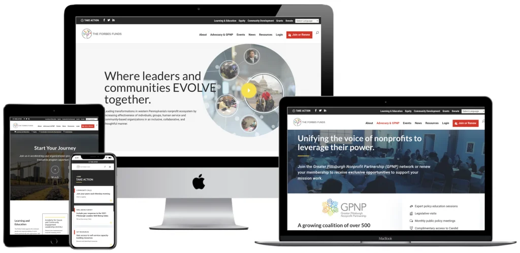 The Forbes Funds website redesign shows desktop, tablet, and mobile-first website for philanthropic nonprofit organization website