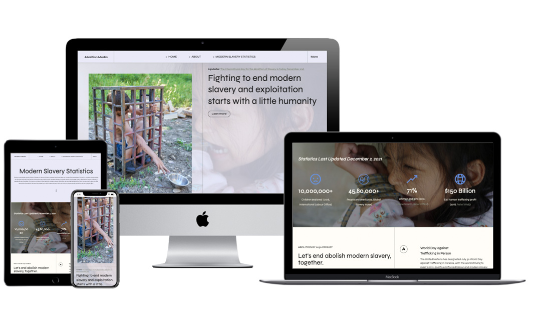 Abolition Media website shown aims to combat modern-day slavery and provide statistics and intformation on it